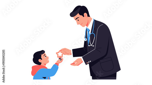 Doctor's Reward: A compassionate doctor bestows a star-shaped token of appreciation upon a young patient. This simple act reflects the caring and nurturing nature of medical care.