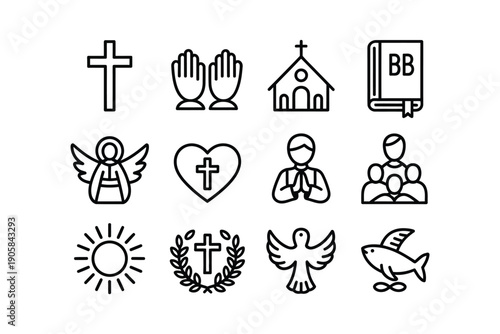 Collection of religious symbols and icons representing faith and spirituality.