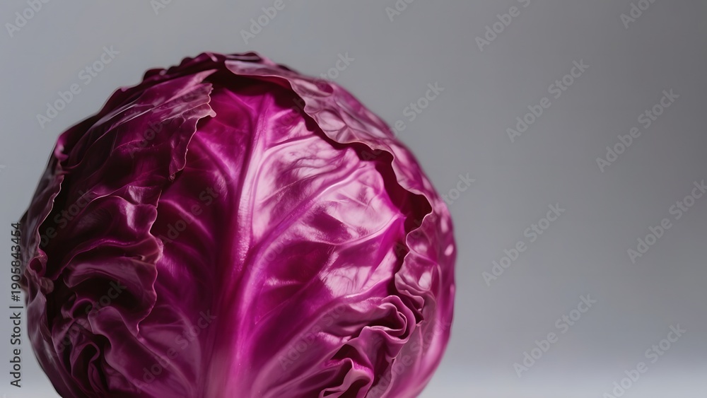 Obraz premium A close-up macro photograph of a vibrant red cabbage with intricate leaf textures against a plain background