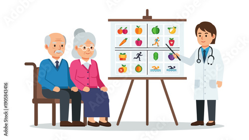 Nutrition Consultation: A healthcare professional points to a whiteboard illustrating a balanced diet to an elderly couple, emphasizing wellness and healthy eating habits.