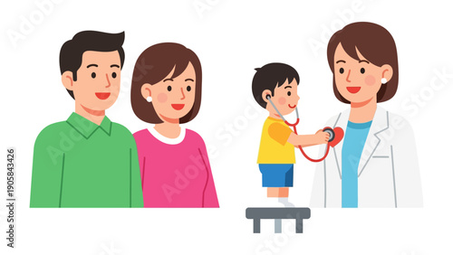 Child Doctor Checkup: A nurturing pediatric doctor examines a child's heart with care, under the watchful gaze of the parents, showcasing a scene of trust and well-being.