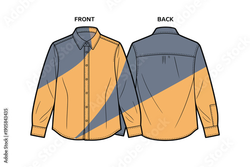 Fashion flat sketch of a two-tone collared long-sleeve shirt, front and back view.
