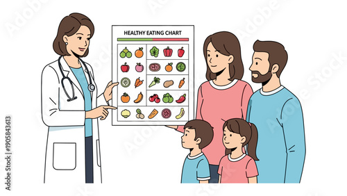 Nutritional Guidance for a Family: A doctor points to a healthy eating chart, explaining optimal nutrition to a family, emphasizing the importance of well-balanced meals. 