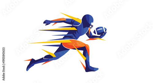 Motion-blurred illustration of a dynamic football player sprinting with a ball on a white background with vibrant yellow and orange speed lines.
