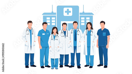 Medical Team Standing Proud: A group of dedicated healthcare professionals, united in their commitment to care, stands confidently against the backdrop of a medical facility.