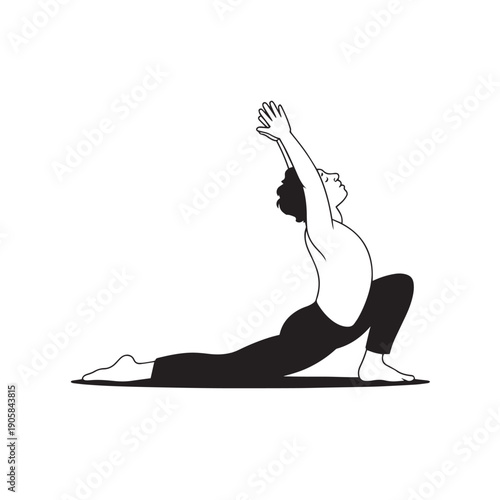 Man doing low lunge yoga pose, black silhouette cartoon vector illustration