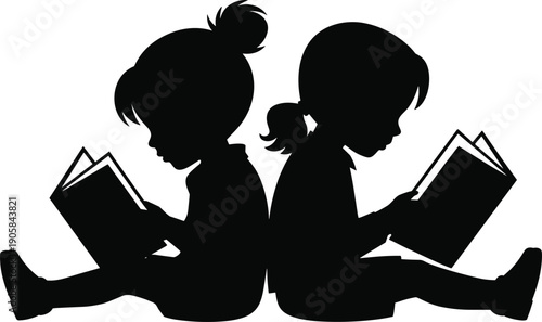 Silhouette of two children reading books back to back isolated on white background education learning childhood illustration concept
