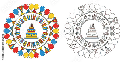 Birthday party celebration round frame with cake balloons and hats vector illustration for coloring book page and greeting card design