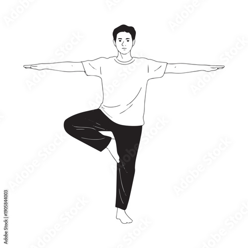 Man doing yoga tree pose balance exercise on transparent background