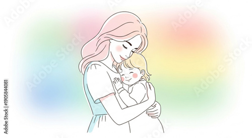 Mother tenderly hugging her baby against a colorful rainbow background with love