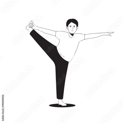 Man performing natarajasana yoga pose hand holding foot on transparent