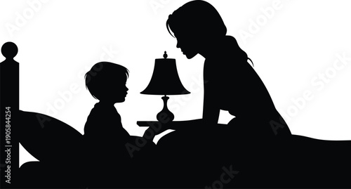 Mother reading bedtime story to child silhouette in bedroom with lamp isolated on white background parenting illustration concept