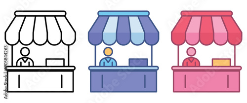 Market stall icon set showing outline and colorful vendor booth illustrations, modern marketplace icons for vendors, shopping, food stalls, craft fairs, local business branding, and digital