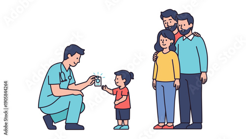 Health Check: A nurturing scene of a healthcare provider offering a child a health record. Beside the child the family members are standing and watching with confidence.