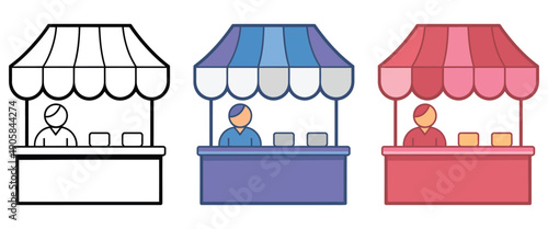 Market stall icon set showing outline and colorful vendor booth illustrations, flat design symbols for street markets, farmer’s markets, small business promotion, retail concepts, and e-commerce