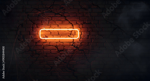 Neon sign on brick wall in dark room