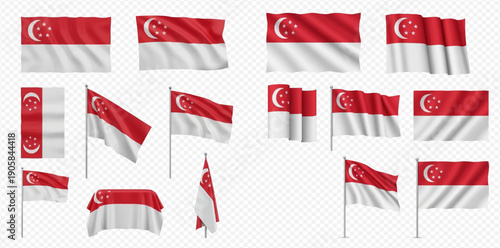 Set of waving Singapore flags in various shapes and positions on a transparent background, representing national pride and identity.