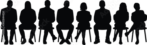 Silhouette of diverse business people sitting on chairs in row isolated on white background teamwork interview illustration concept