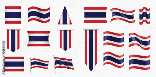 Set of Thailand flags in various shapes and waving styles on a transparent background.