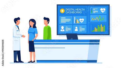 Digital Healthcare Consultation: A healthcare professional, in consultation with patients, stands before a digital health dashboard.