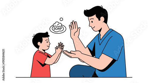 The Act of Cleansing: An illustration of a parent and child engaging in the important task of washing hands, emphasizing the significance of hygiene.