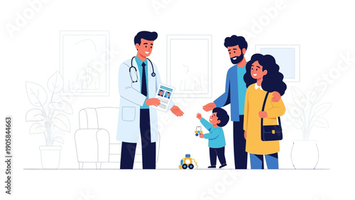Doctor's Visit: a doctor shares a child's medical report with the family during a consultation at the clinic