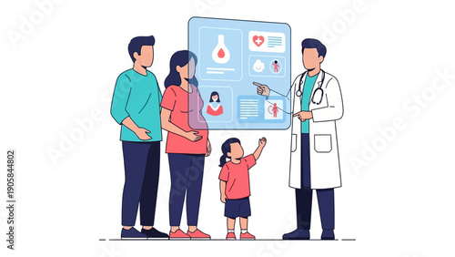 Medical Consultation: A family, comprised of two parents and a child, attentively listens to a doctor's explanation, observing diagnostic images on a digital screen, symbolizing healthcare.