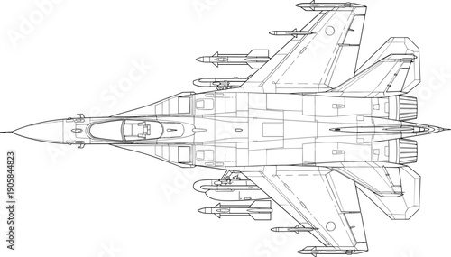 Fighter jet top view detailed military aircraft line art combat airplane illustration isolated aviation technology design