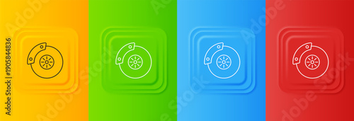 White Car brake disk with caliper icon isolated on colorful background. Set icons in square buttons. Vector