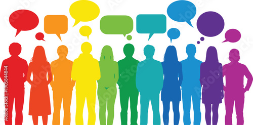 Colorful silhouettes of people in a row with speech bubbles rainbow