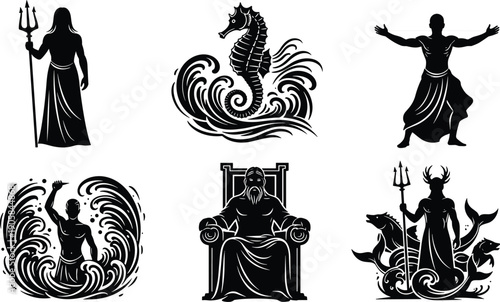 Greek mythology gods silhouette set Poseidon Zeus ancient deity legend tattoo vector illustration collection design