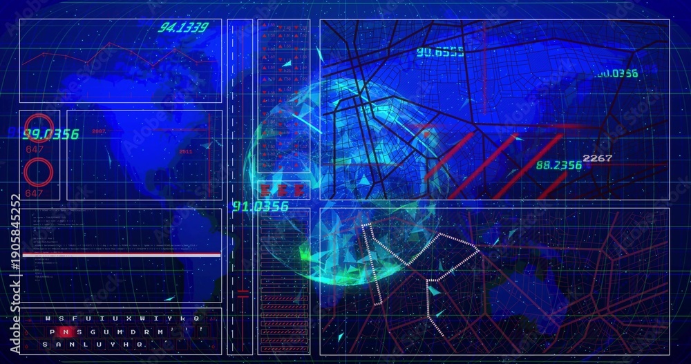 Naklejka premium Rendering central low-poly globe rotating on digital dashboard, with HUD panels, coded text