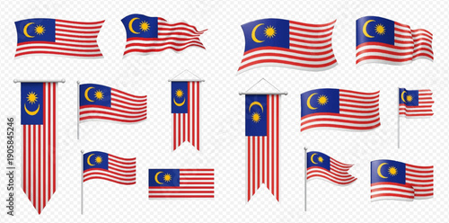 Set of Malaysia flags in various shapes and waving styles on a transparent background, depicting national pride and identity.