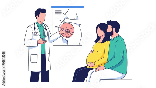 Pregnancy Consultation: A doctor points to an ultrasound image of a fetus, as a pregnant person and their partner listen intently during a prenatal consultation. 