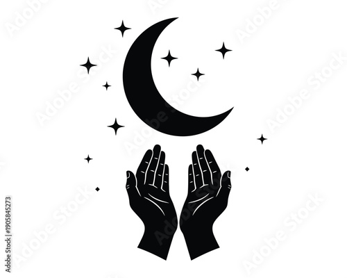 Hands in prayer beneath a crescent moon and stars in a minimalist design