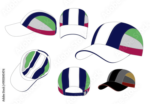 Professional sports cap vector mockup, design set with multiple views. Ideal for activewear, running, and custom apparel production. Clean technical illustration for fashion and branding use.