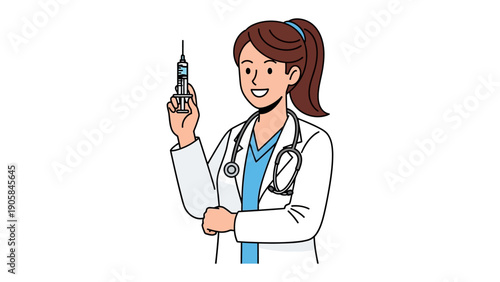 Healthcare Professional with Syringe: A confident healthcare professional, a beacon of trust, holds a syringe, ready to administer a vaccination or medication, in a clean, clinical setting.