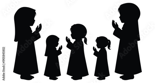 Five silhouetted children standing with hands raised in a line formation