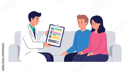 Medical Consultation: A caring doctor discusses health results with a couple, offering support and guidance in a calm environment.