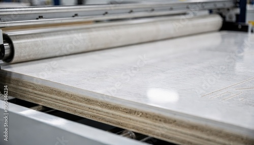 Closeup of machinery applying dense decorative highpressure laminate on kitchen countertops showcasing smooth bonding on substrate boards in a controlled manufacturing setting.