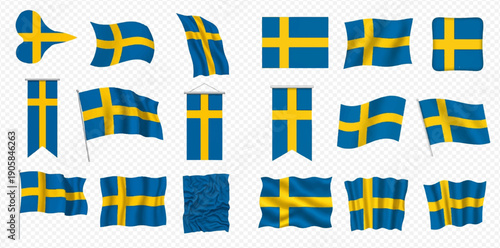 Set of Swedish flags in various shapes and waving styles on a transparent background, representing national pride and identity.