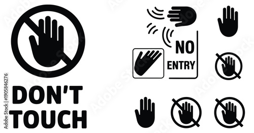 Set with red forbidden signs, don’t touch, no entry hand, red label or sticker, ban and prohibited sign collection for hazard warnings, security alerts, safety compliance, and digital graphics.