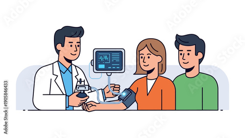 Medical Checkup: A skilled doctor examines a patient's vital signs, the couple stands attentively during a routine health check-up. The doctor is focused on their health and well-being.