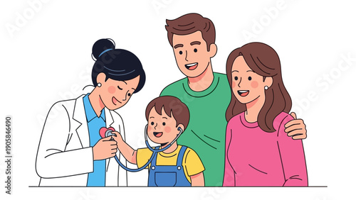Pediatric Visit: A heartwarming scene unfolds as a young child playfully interacts with a friendly pediatrician, under the loving gaze of their parents, creating an atmosphere of trust and care.
