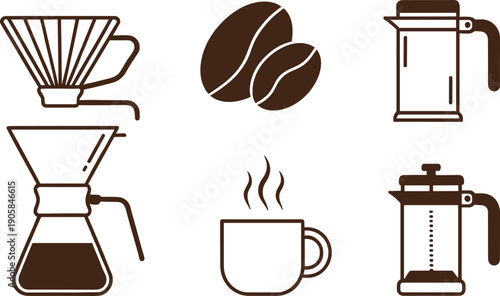 Coffee brewing methods icon set with pour-over dripper, french press, coffee beans, and hot mug. Professional cafe and barista equipment vector illustration.