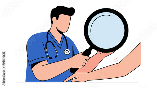 Medical Diagnosis Illustration: A healthcare professional examines a patient's arm using a magnifying glass to scrutinize the skin.