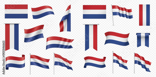 Set of realistic Netherlands flags in various shapes and waving positions, isolated on transparent background.