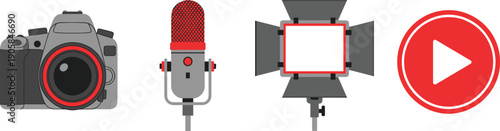 Content creation and video production equipment set with DSLR camera, professional microphone, softbox studio light, and play button icon. Multimedia and vlogging concept vector illustration.