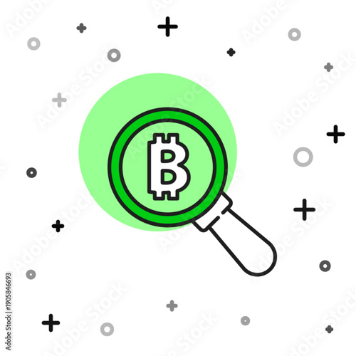 Filled outline Magnifying glass with Bitcoin icon isolated on white background. Physical bit coin. Blockchain based secure crypto currency. Vector