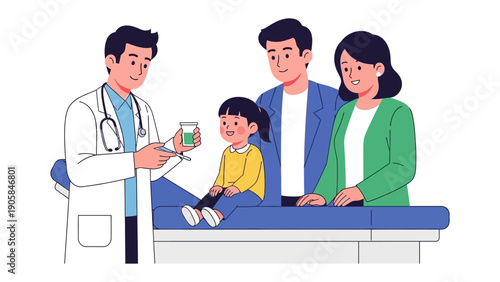 Pediatric Consultation: A medical professional offers a friendly consultation to a child and their parents, creating a reassuring atmosphere of trust and care.